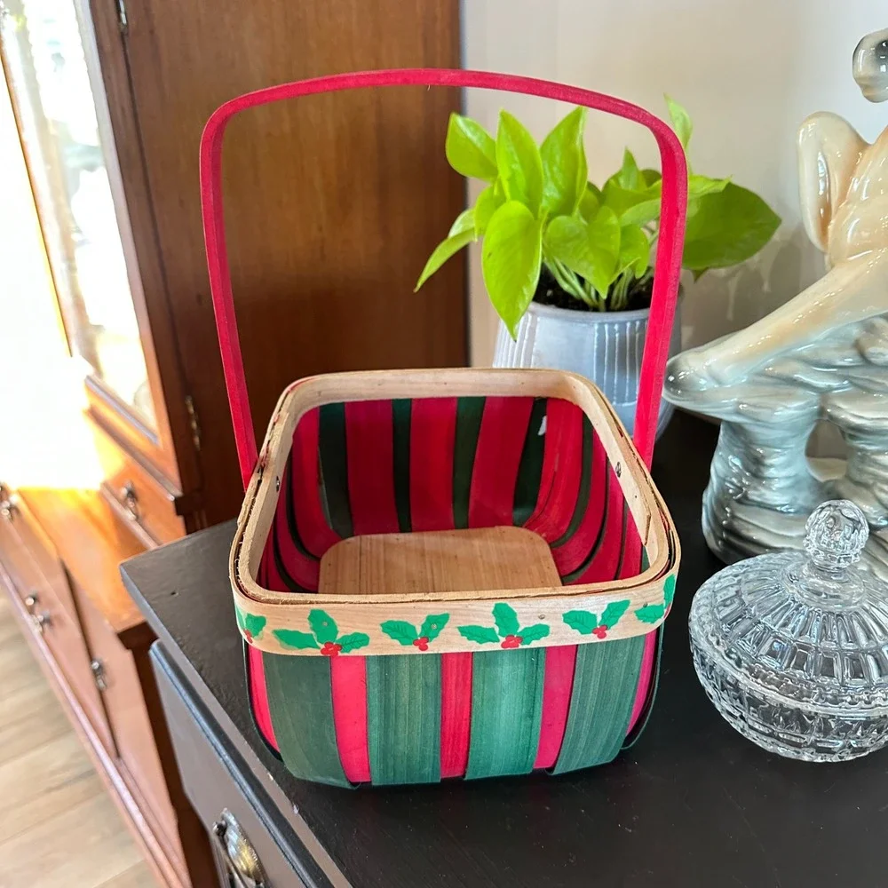VTG Christmas Woven Wood Basket Red Green Stripe Holly Decor Cottagecore Country